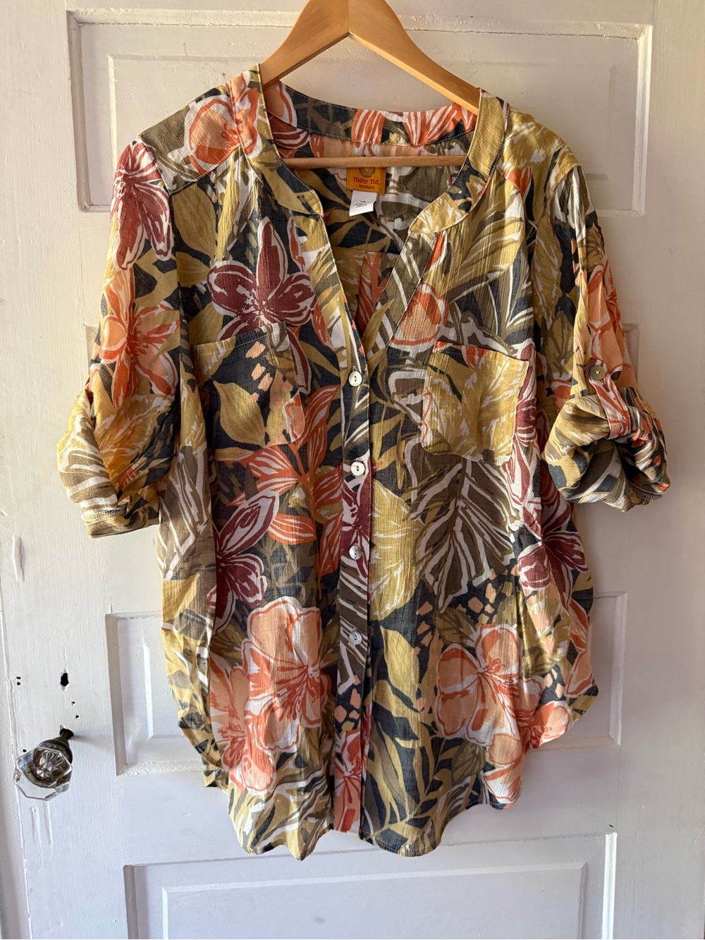 Ruby Rd. Multicolor Floral Button-Front Blouse — Mustard, Coral & Olive